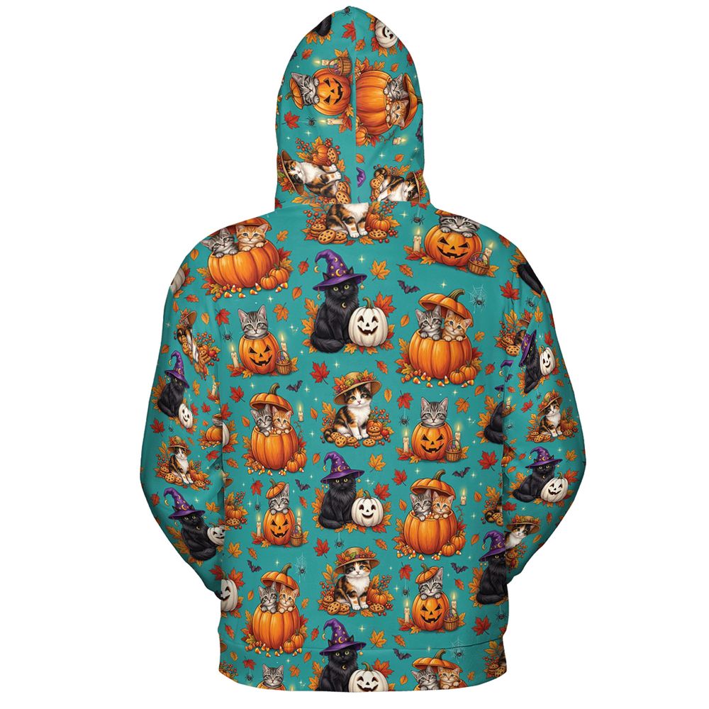 Festive Fall Pumpkin & Witch Cat Full Print Hoodie -  - 3