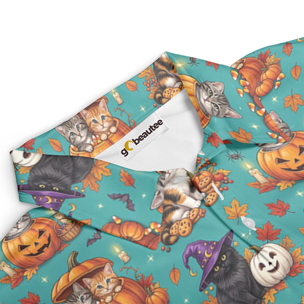 Festive Fall Pumpkin & Witch Cat Full Print Polo Shirt -  - 3