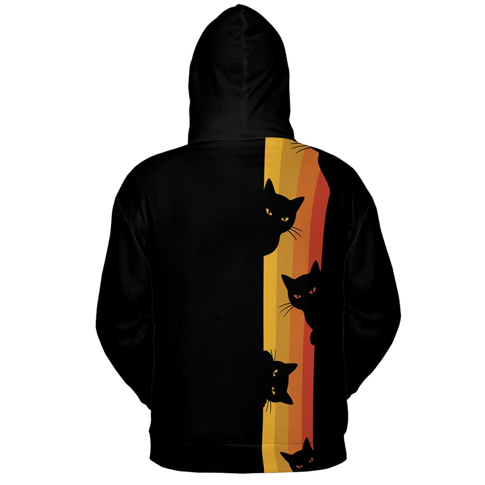 Retro Sunset Peeking Black Cat Full Print Hoodie -  - 3