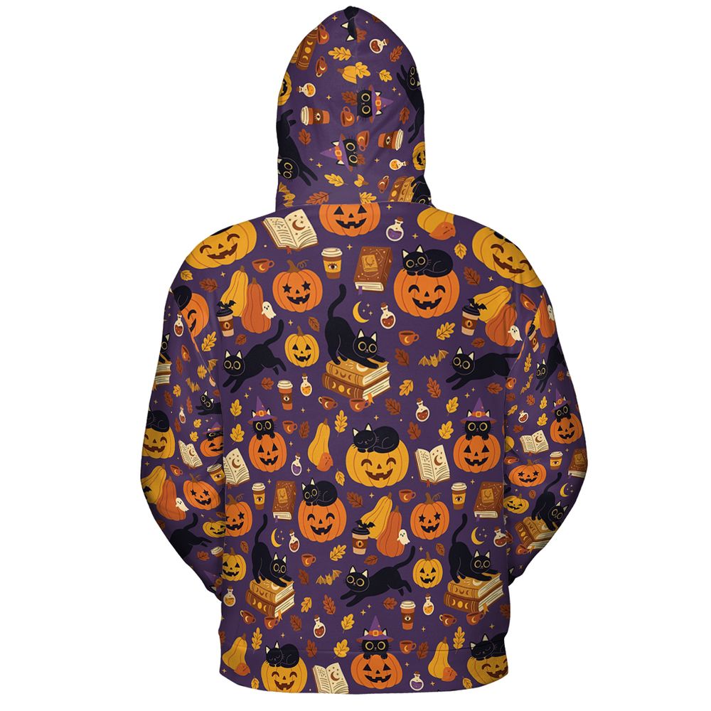 Purple Spooky Black Cat & Pumpkin Magic Full Print Hoodie -  - 3