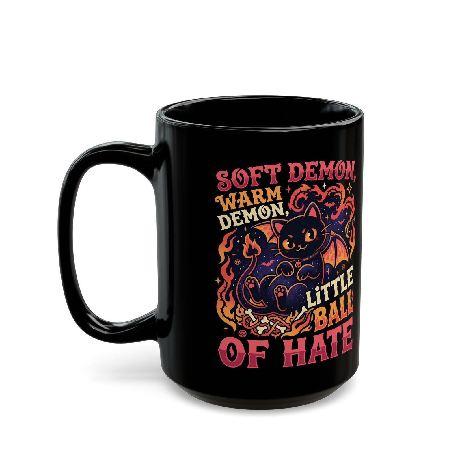 Soft Demon Cat Black Mug — "Little Ball of Hate" Cute Demon Kitty Mug