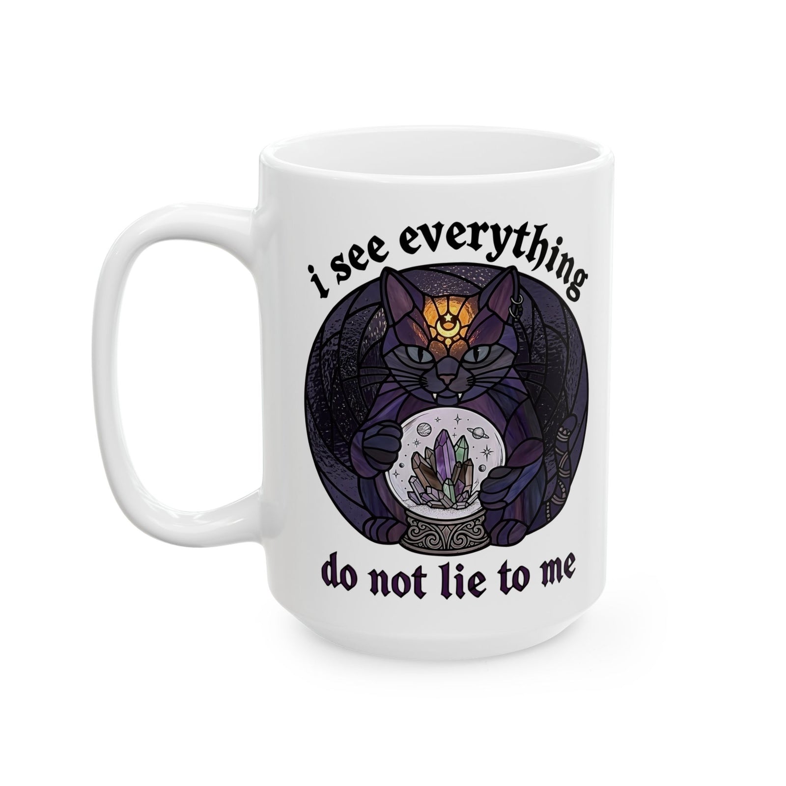 Mystic Fortune Teller Cat Ceramic Mug "I See Everything" Stained Glass Spiritual Kitten