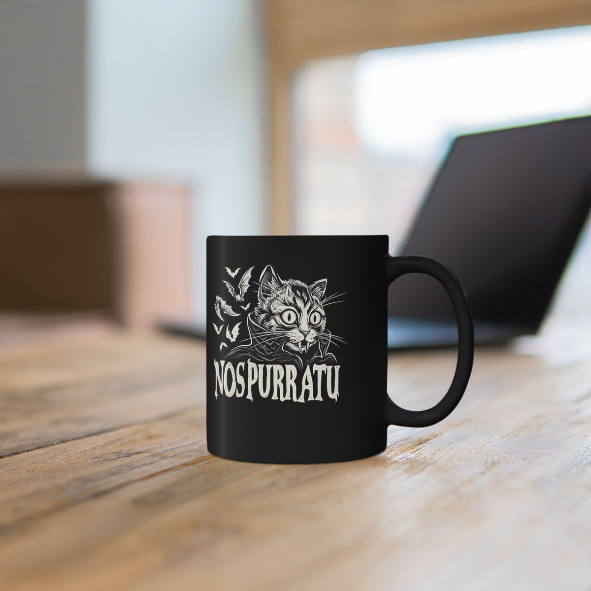 Nosferatu Cat Black Mug — "Nospurratu Cat Nosferatu" Gothic Vampire Cat Mug