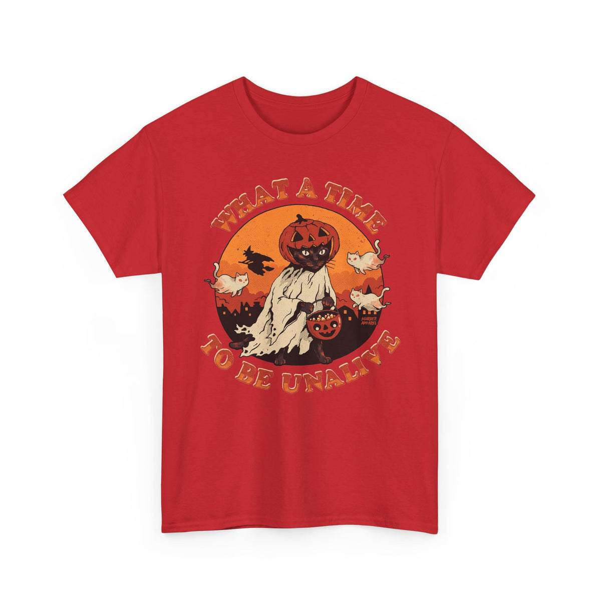 What A Time To Be Unalive Black Cat Ghost Sheet Shirt — Retro Halloween T-Shirt