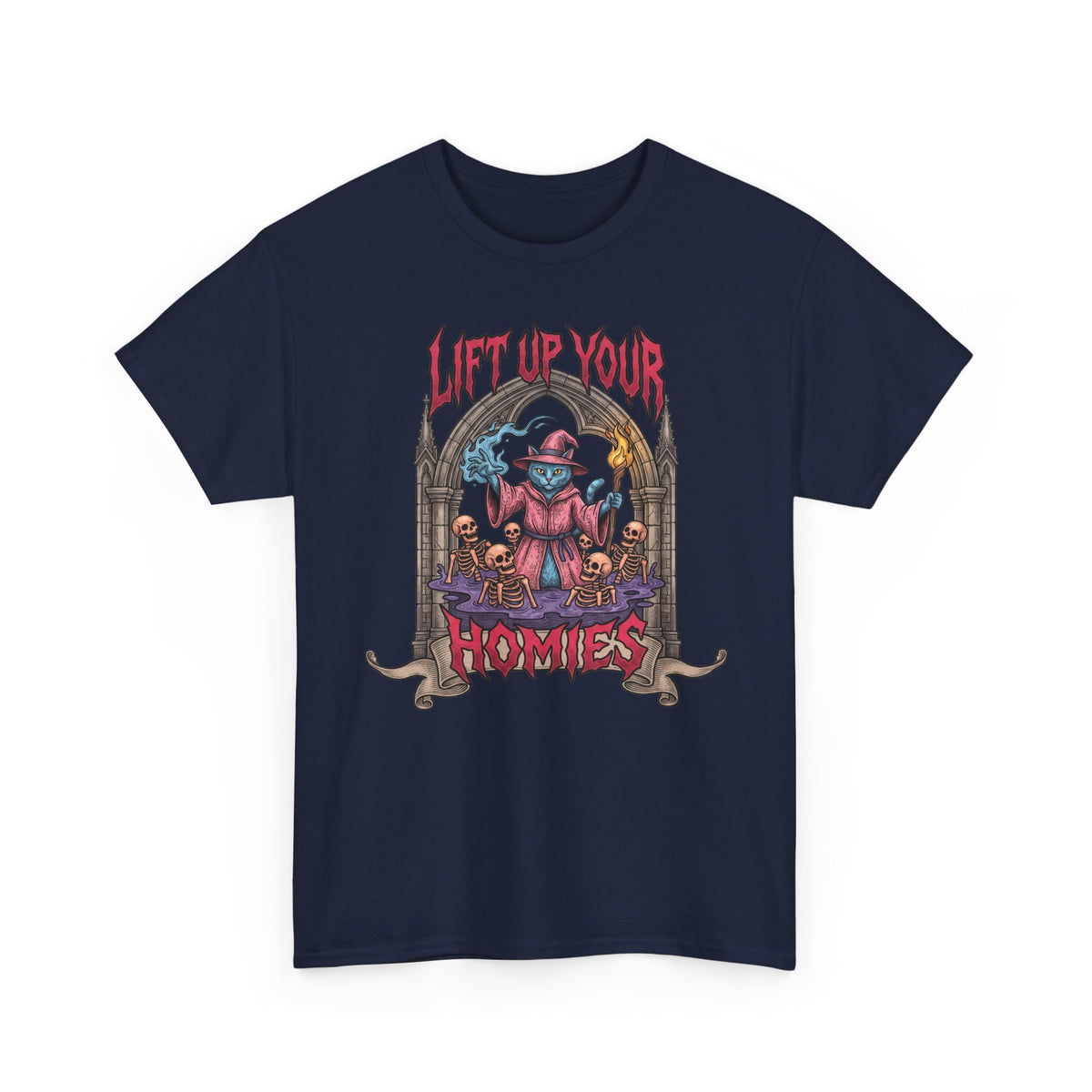 Lift Up Your Homies Wizard Cat T-Shirt — Necromancer Skeleton Feline Tee
