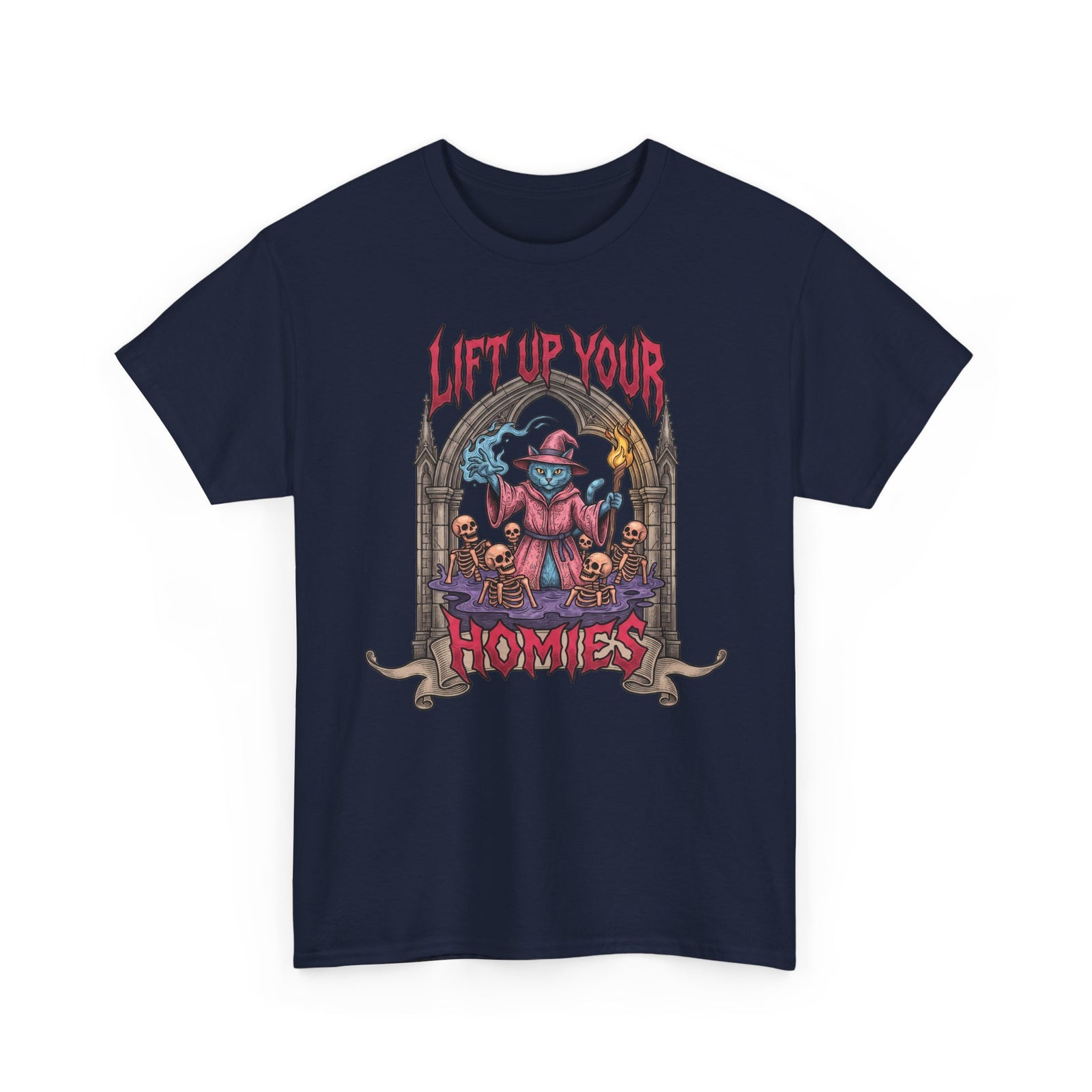 Lift Up Your Homies Wizard Cat T-Shirt — Necromancer Skeleton Feline Tee