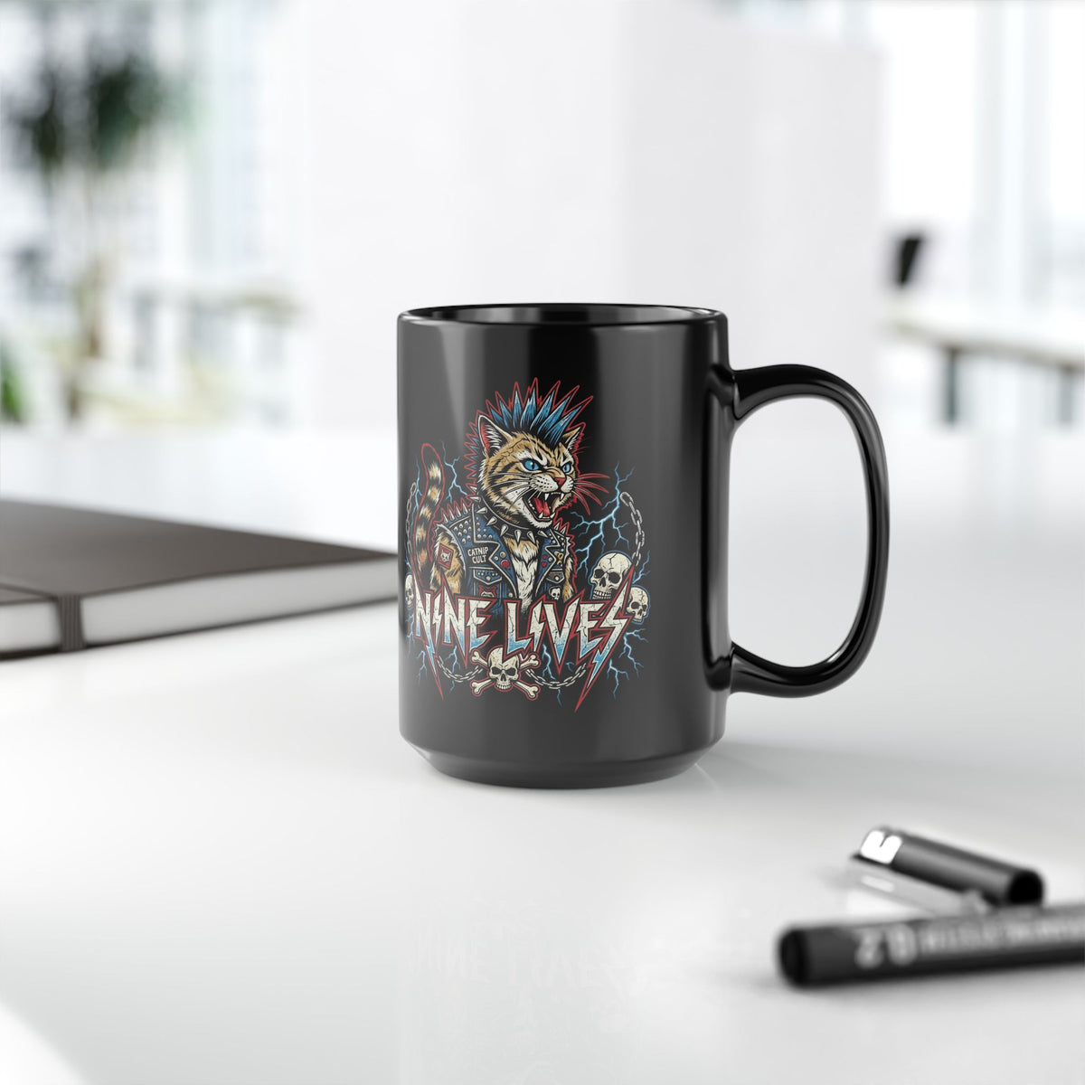 Nine Lives Cat Black Mug — Retro Feline Graphic Mug