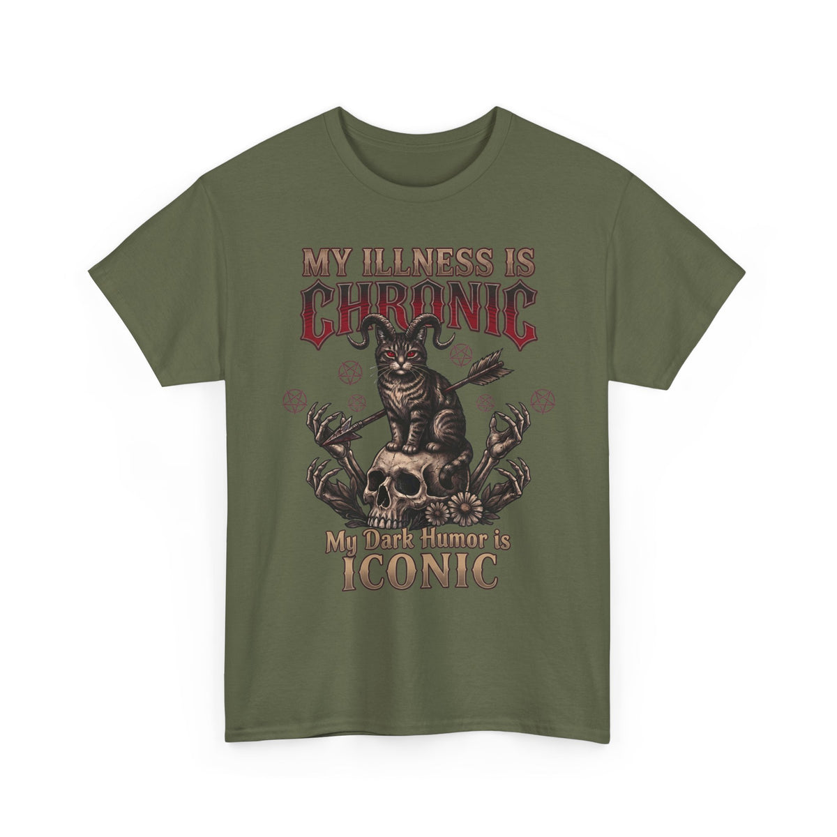 My Illness Is Chronic My Dark Humor Is Iconic T-Shirt — Gothic Horned Cat Tee