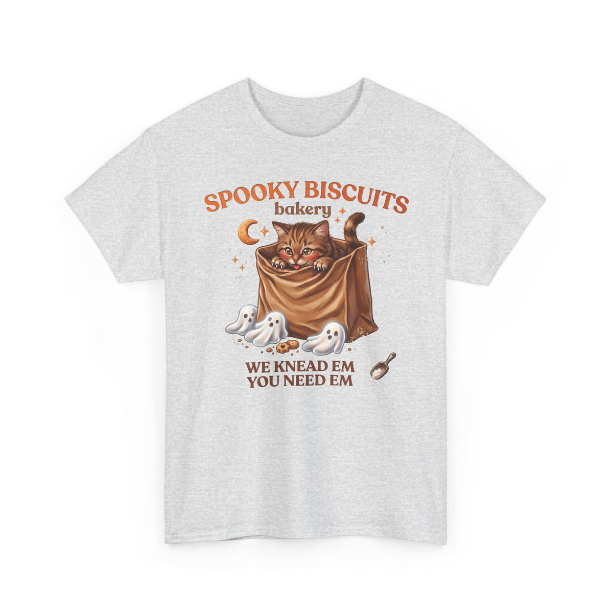 Spooky Biscuits Bakery Cute Tabby Cat T-Shirt — Whimsical Kneading Feline Tee