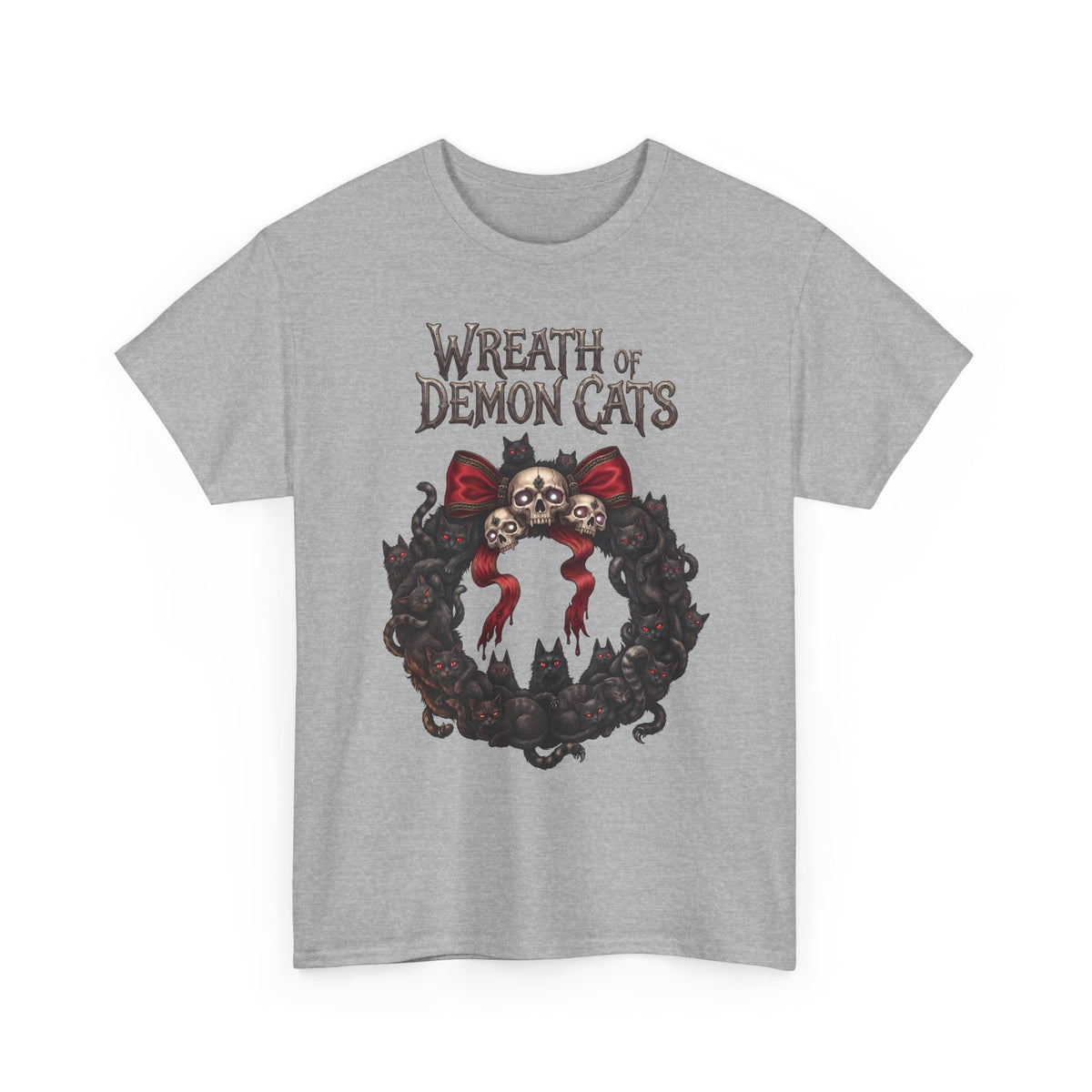 Wreath Of Demon Cats T-Shirt — Gothic Black Cat Skull Wreath Tee