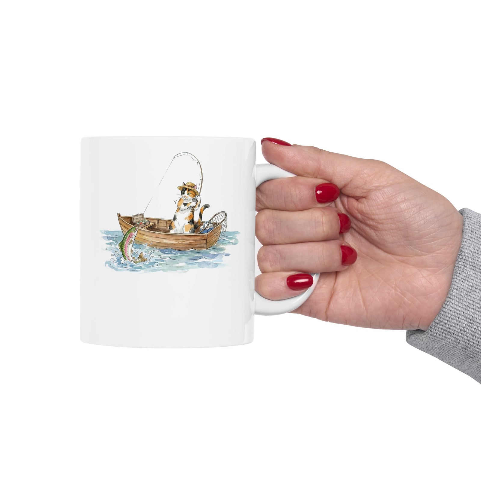 Cat Fishing Ceramic Mug — Funny Fishing Cat Graphic Mug