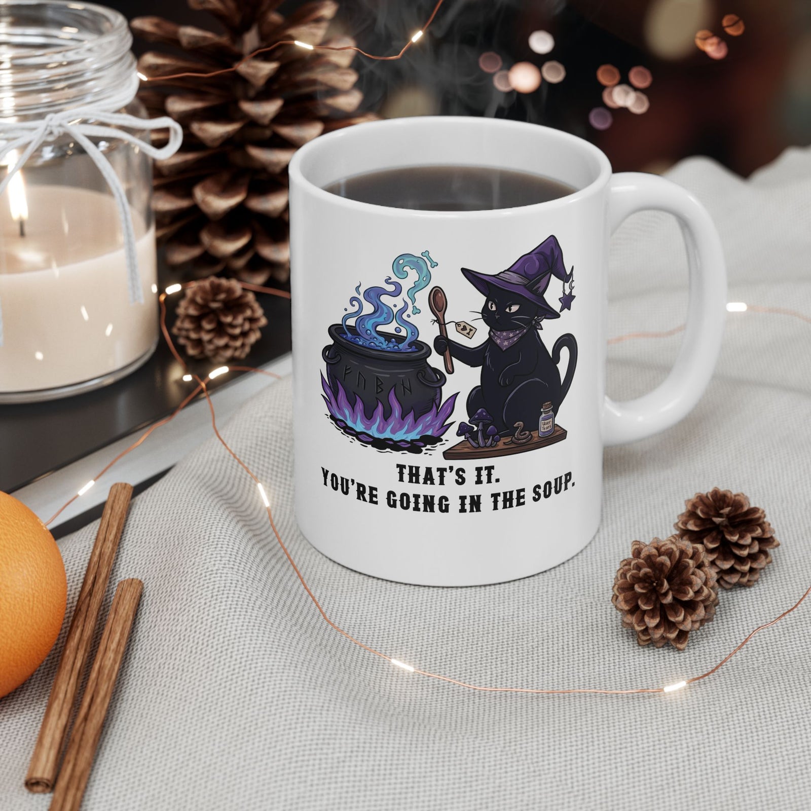 Black Cat “Purrfect Potion” Mug — Witchy Cat Graphic Ceramic Mug