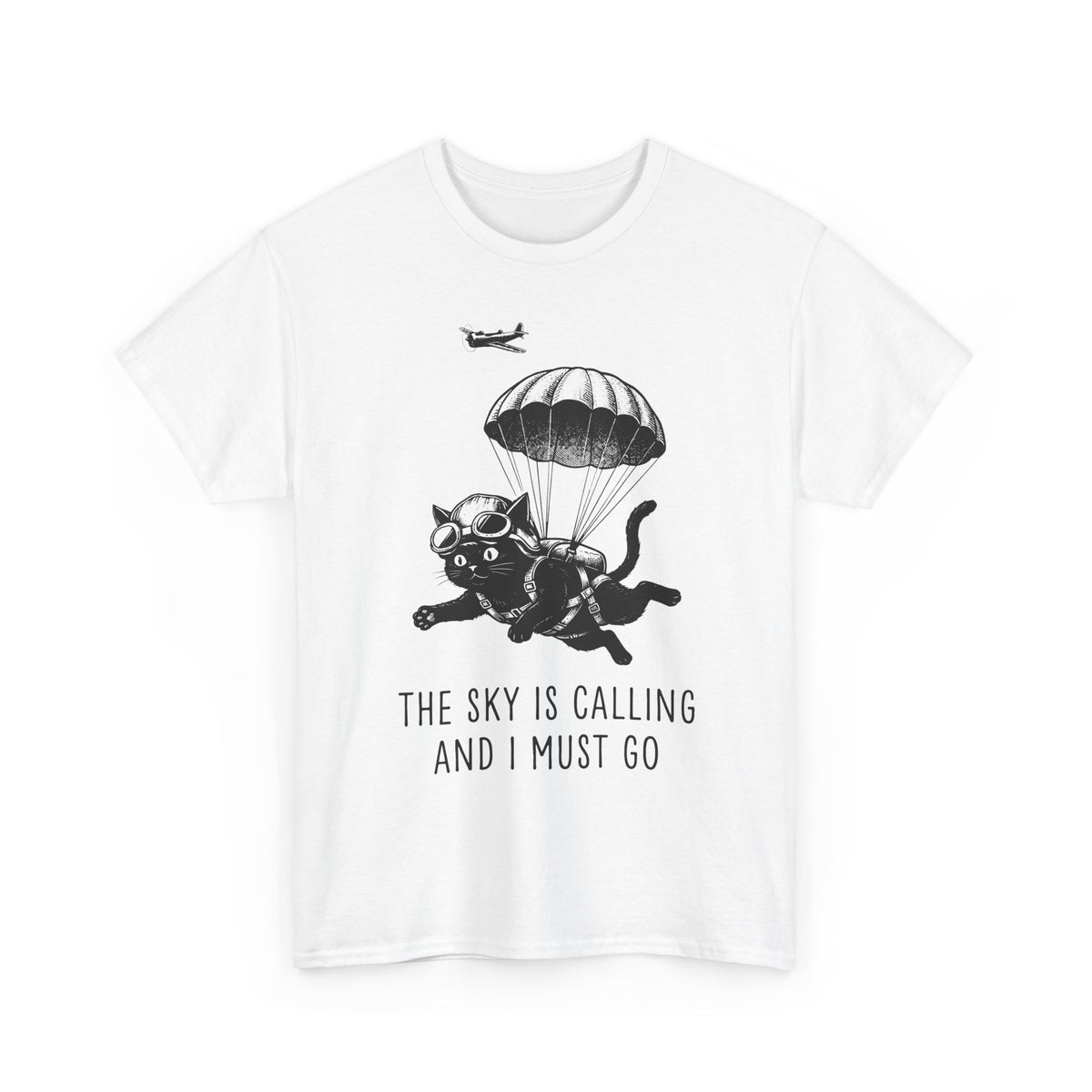 The Sky Is Calling And I Must Go T-Shirt — Funny Parachuting Black Cat Tee