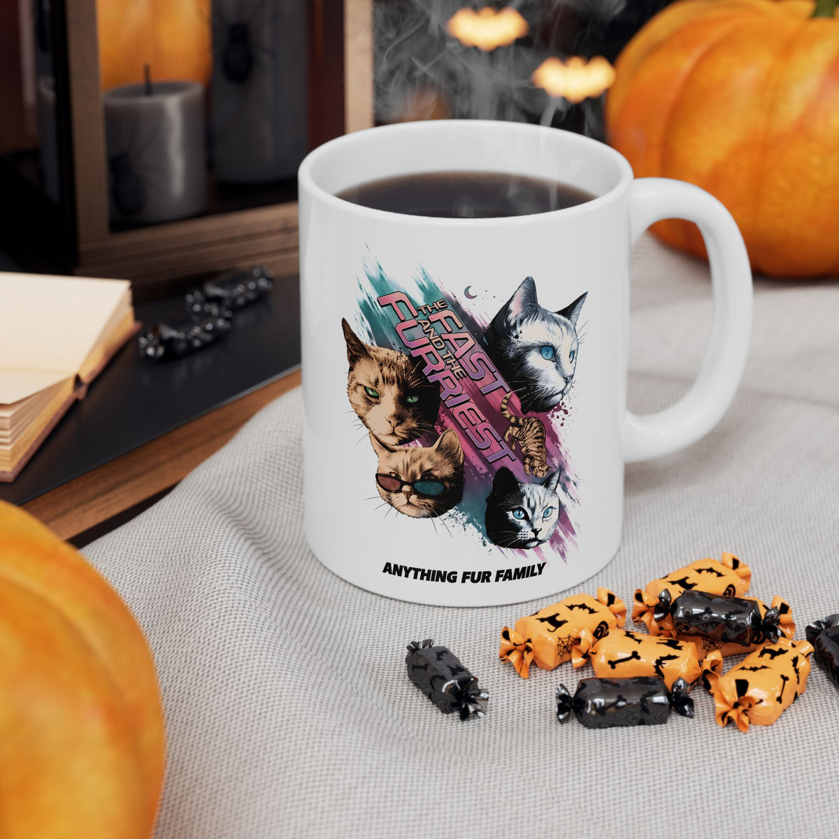 The Fast And The Furriest Ceramic Mug — Funny Cat Action Movie Parody Mug