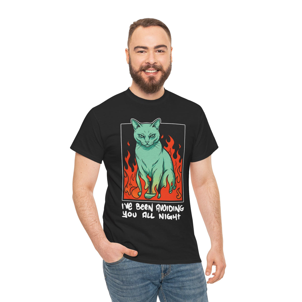 I've Been Avoiding You All Night T-Shirt — Funny Introvert Cat Flames Tee