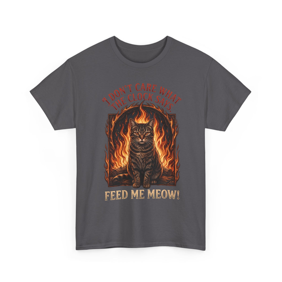 Feed Me Meow T-Shirt — Funny Hungry Tabby Cat Fiery Graphic Tee