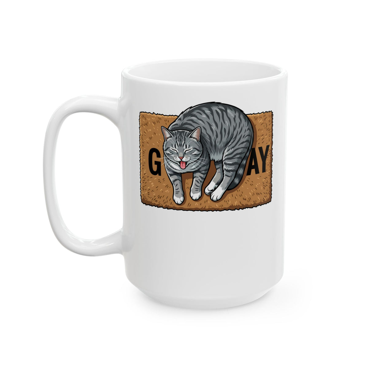 Funny Gay Cat Ceramic Mug — Cute Grey Tabby LGBTQ Pride Mug