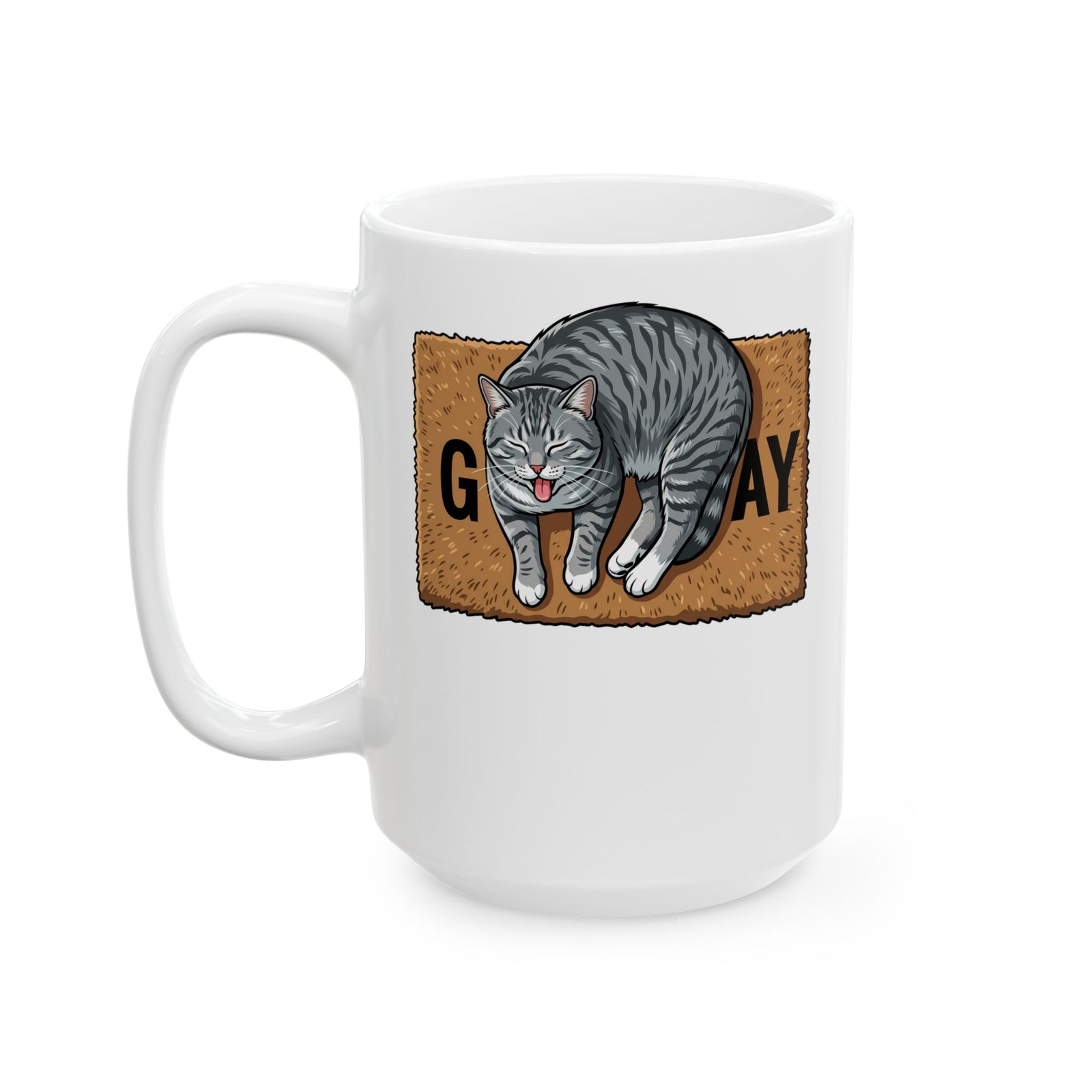 Funny Gay Cat Ceramic Mug — Cute Grey Tabby LGBTQ Pride Mug