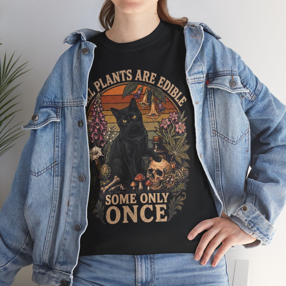 All Plants Are Edible Some Only Once T-Shirt — Funny Black Cat Botanical Tee