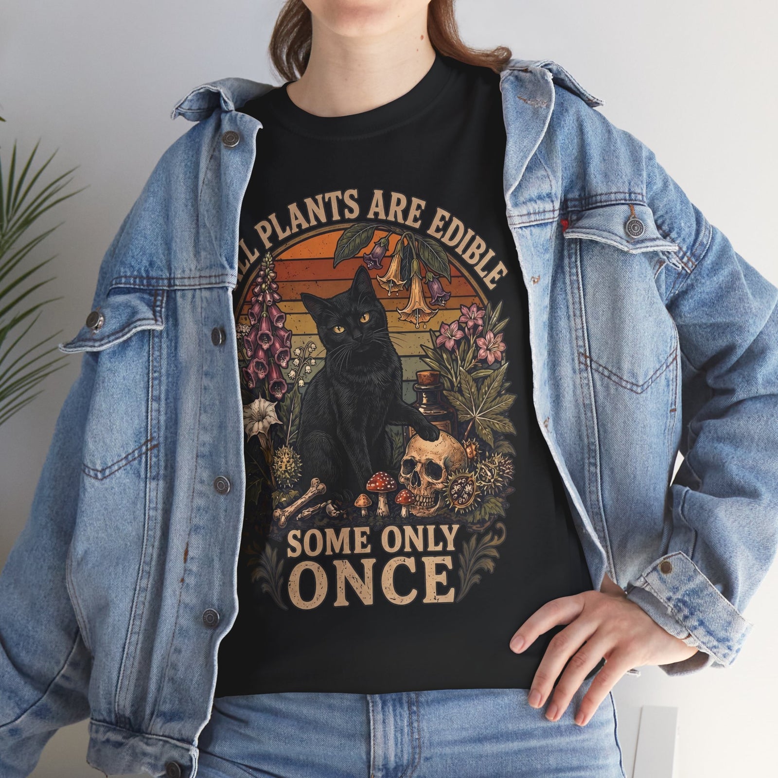 All Plants Are Edible Some Only Once T-Shirt — Funny Black Cat Botanical Tee