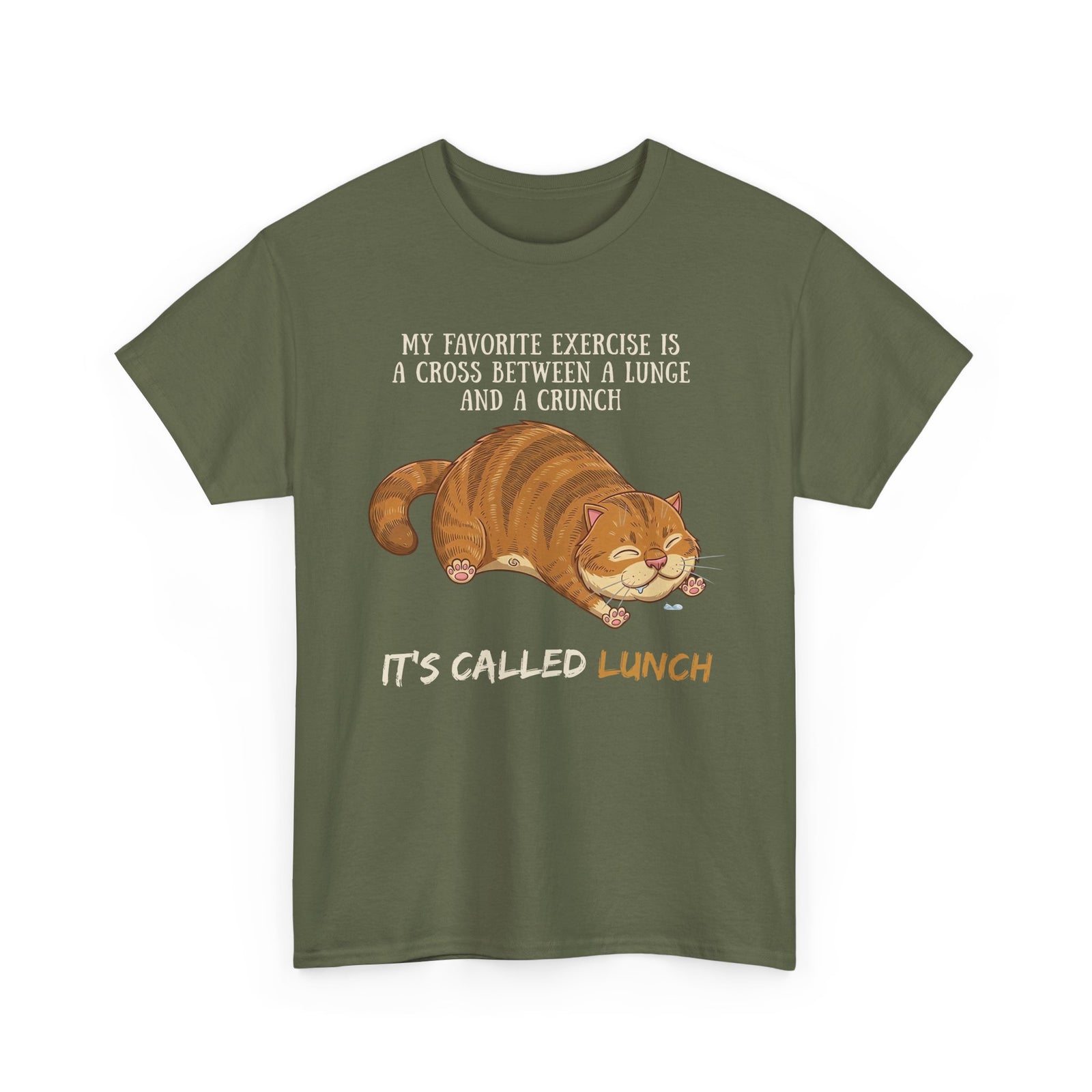 Funny Workout Cat T-Shirt — "Lunge Crunch Lunch"