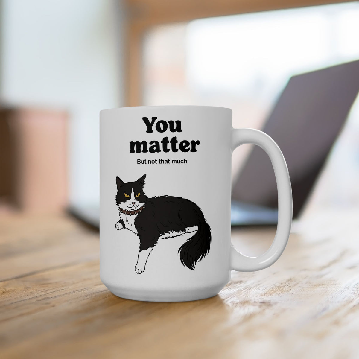 You Matter But Not That Much Ceramic Mug — Funny Sarcastic Tuxedo Cat Graphic Mug