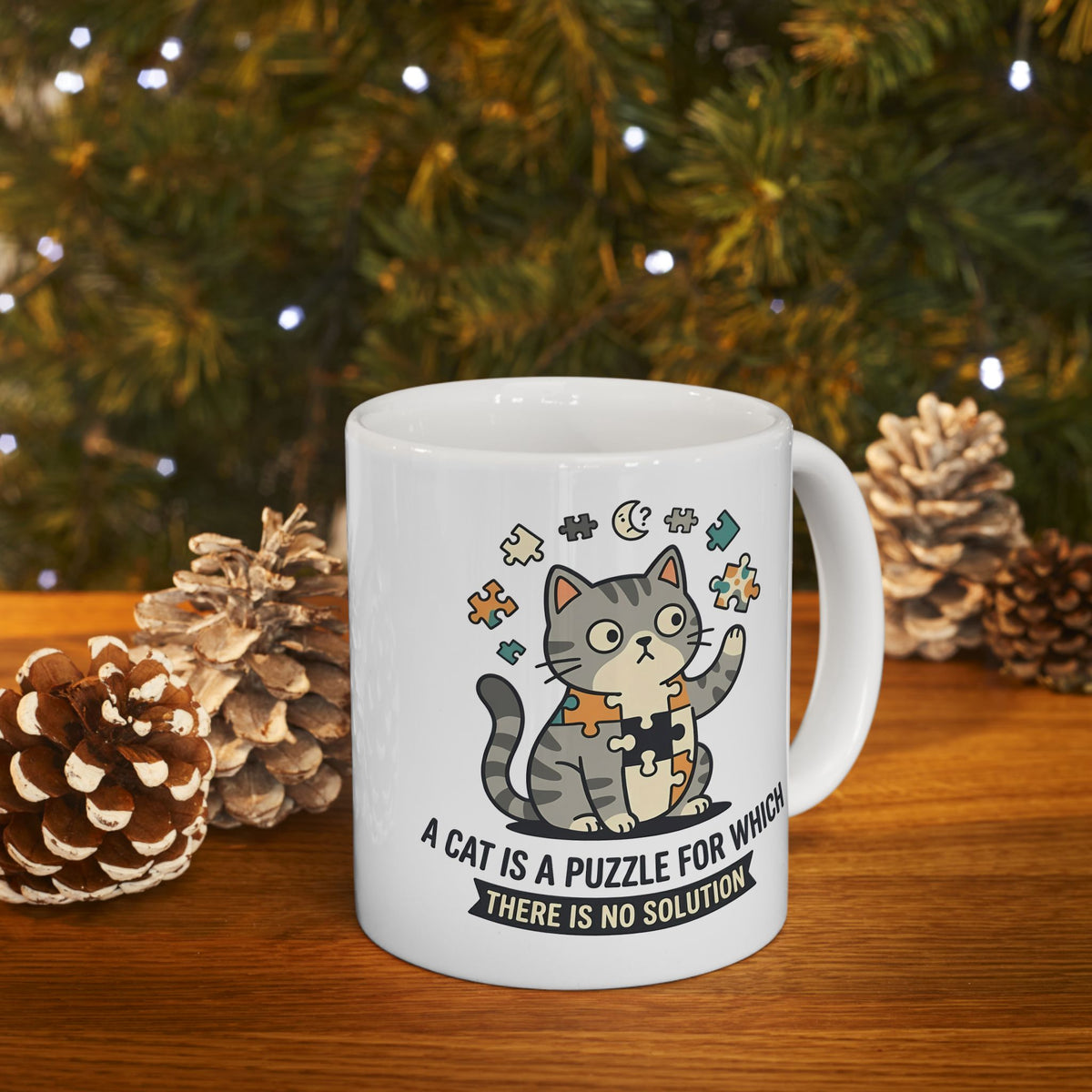 Cat Puzzle Ceramic Mug — "A Cat Is a Puzzle for Which There Is No Solution"