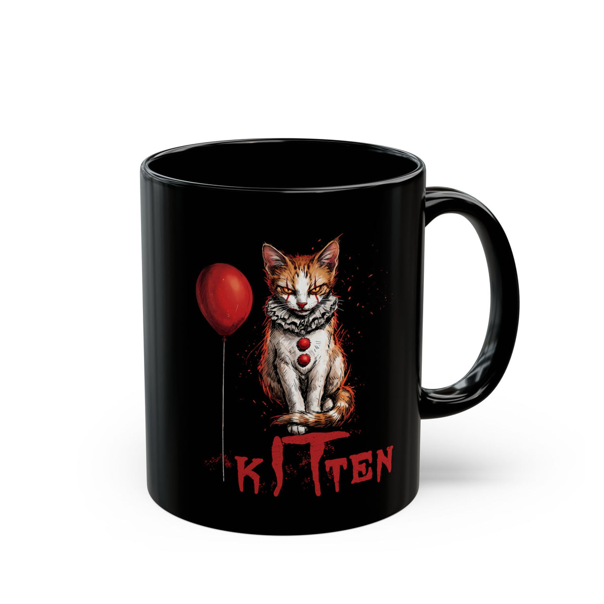 KITTEN Horror Clown Black Mug — Spooky Orange Tabby Clown Cosplay Drinkware