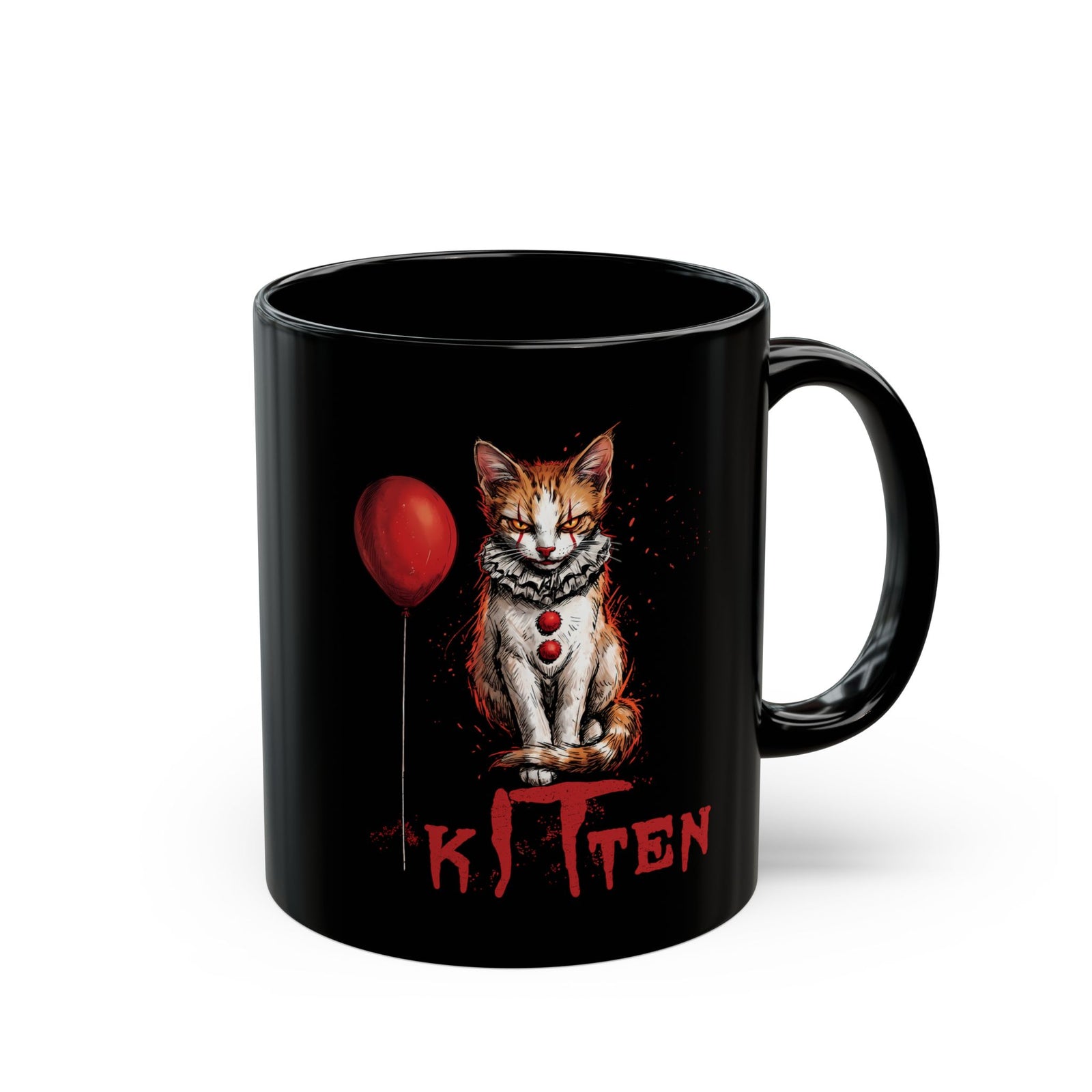KITTEN Horror Clown Black Mug — Spooky Orange Tabby Clown Cosplay Drinkware