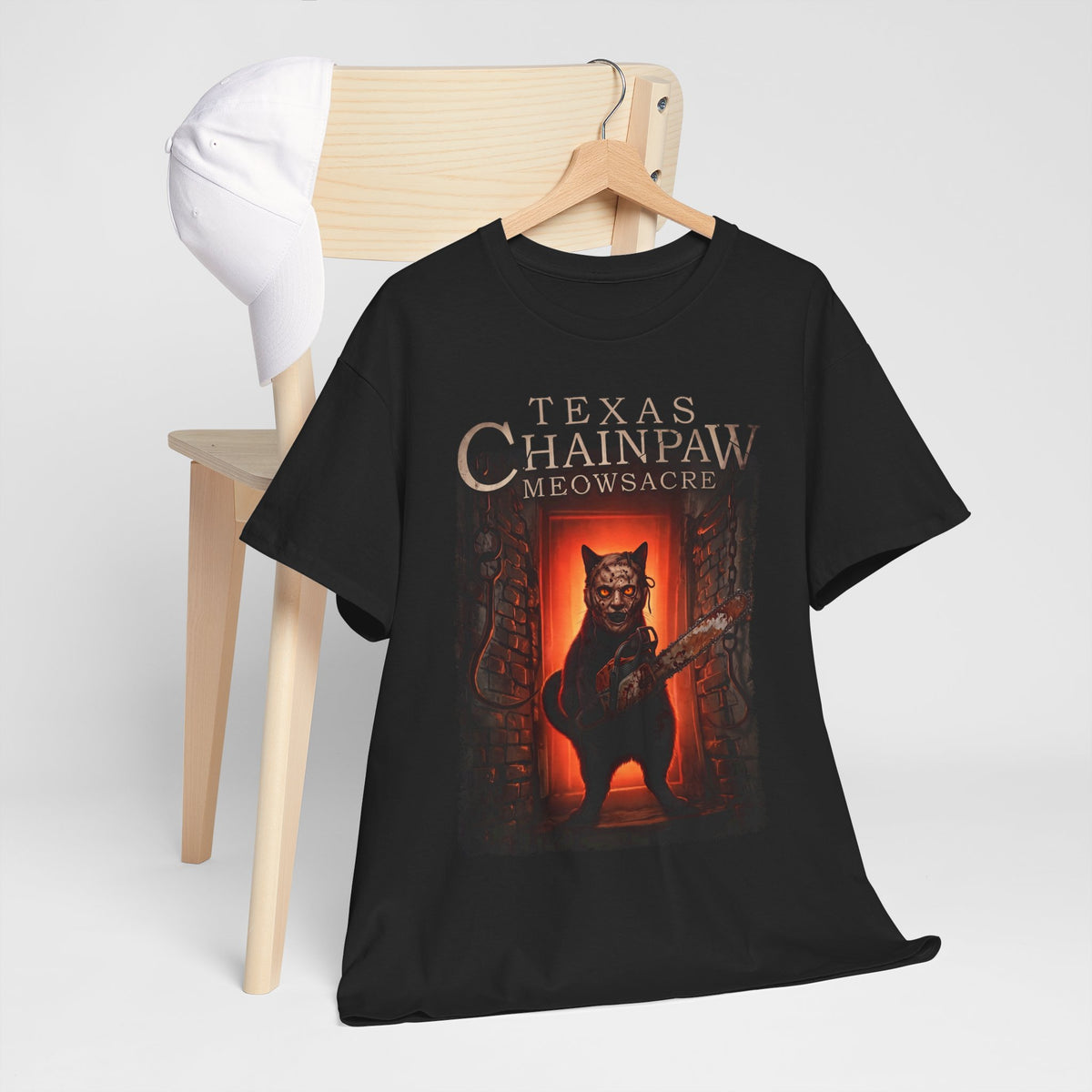Texas Chainpaw Meowsacre T-Shirt — Funny Horror Black Cat Parody Tee
