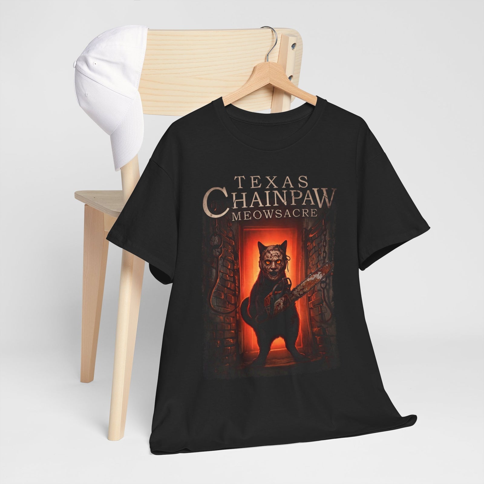 Texas Chainpaw Meowsacre T-Shirt — Funny Horror Black Cat Parody Tee