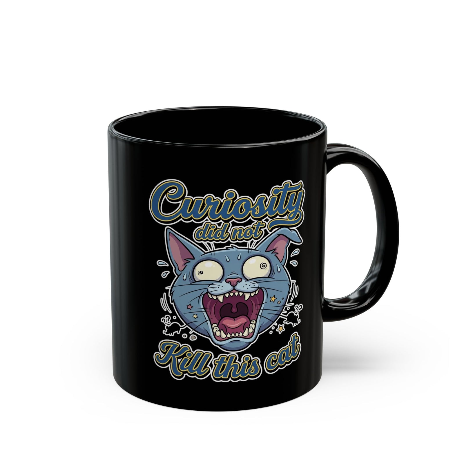 Curiosity Did Not Kill This Cat Black Mug — Funny Panicking Cat Mug