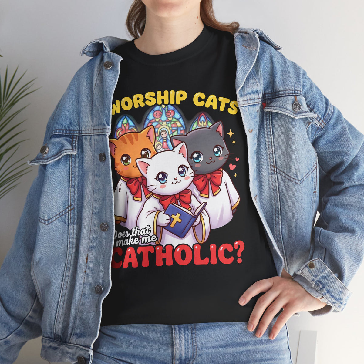 Worship Cats Tee — "Does that make me Catholic" Funny Cat Shirt