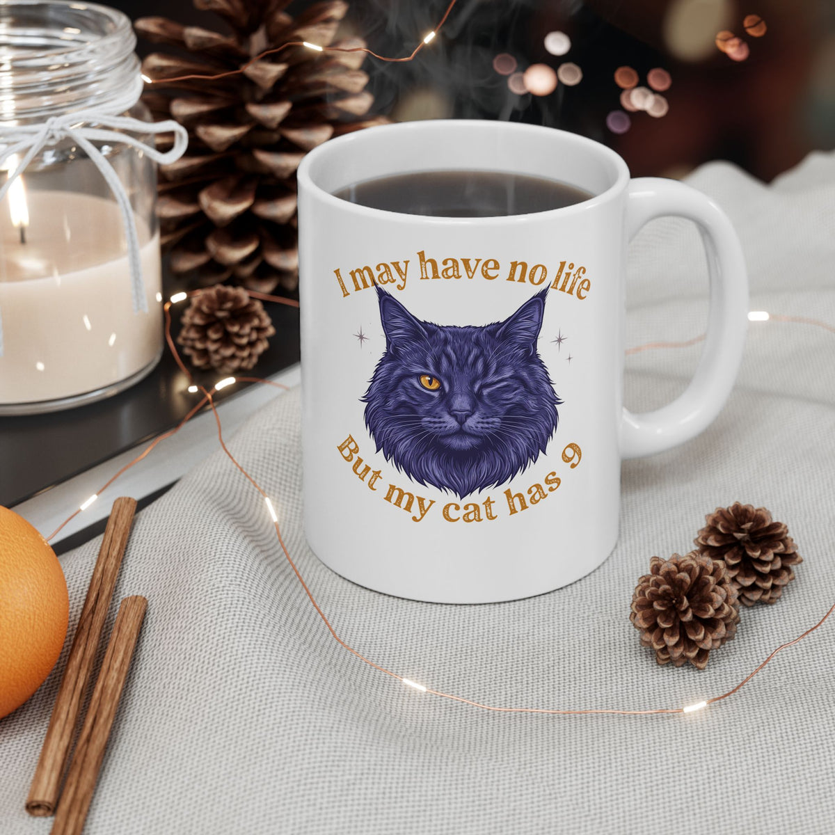 Cat Lover T‑Mug — “I May Have No Life But My Cat Has 9” with Illustrated Cat