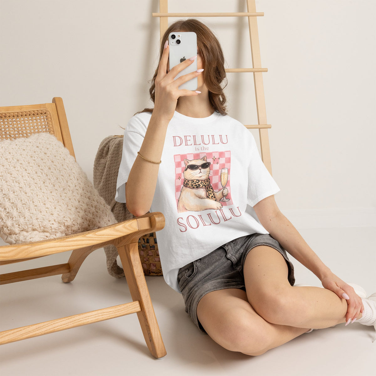 Delulu Is The Solulu T-Shirt — Funny Sassy Cat Champagne Graphic Tee
