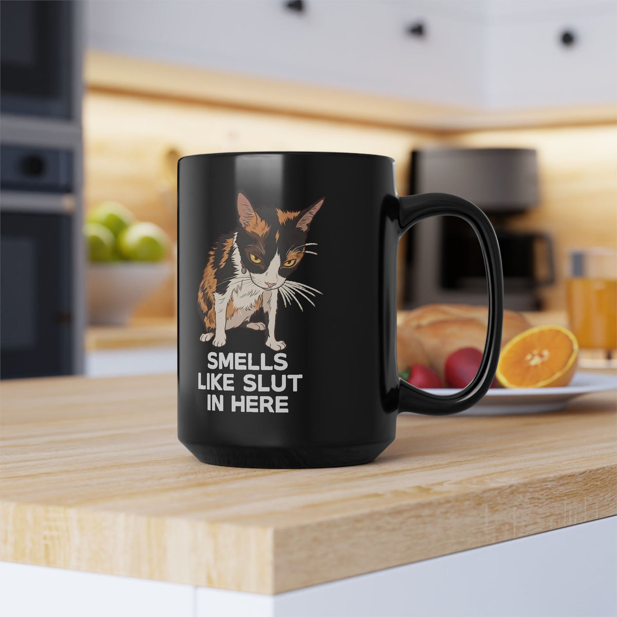 Smells Like Slut In Here Black Mug — Funny Grumpy Calico Cat Meme Mug