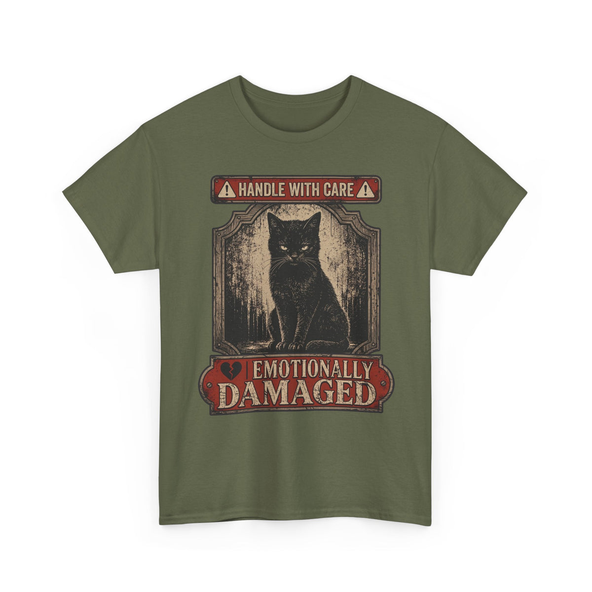 Emotionally Damaged Cat T-Shirt – "Handle With Care" Vintage Black Tee