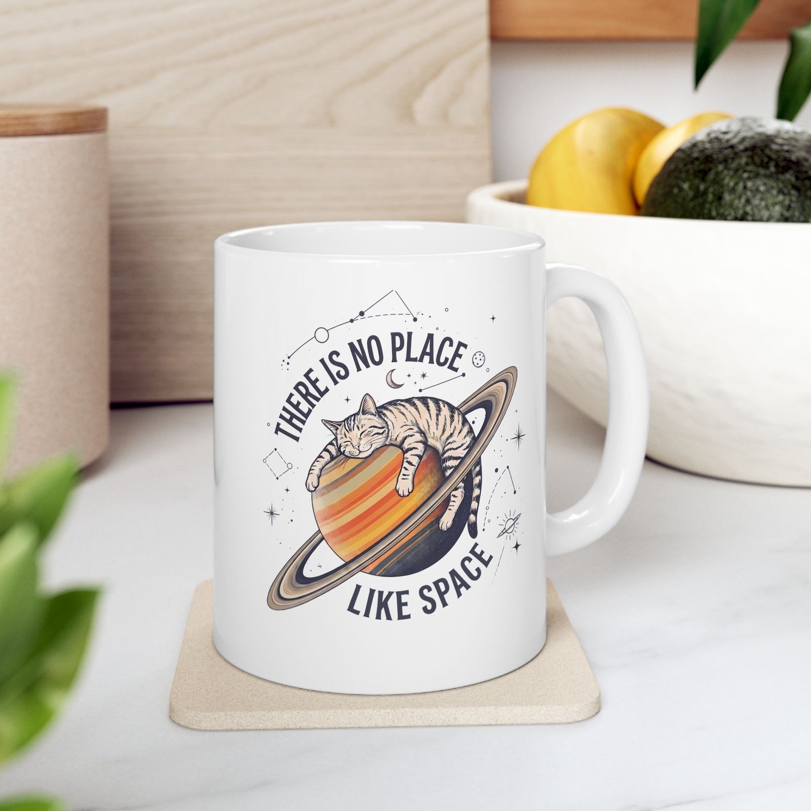 There Is No Place Like Space Ceramic Mug — Funny Sleeping Cat Saturn Mug