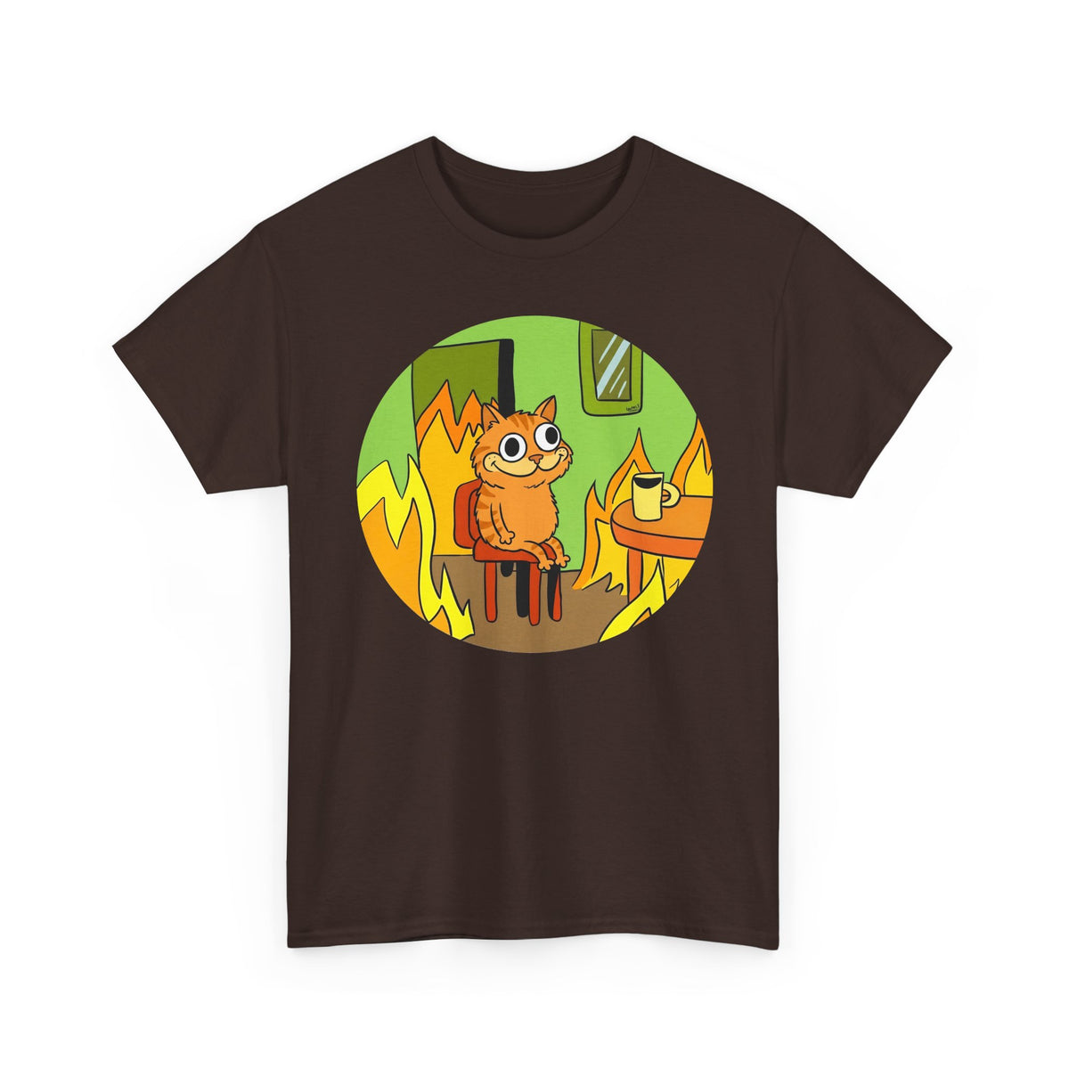 This Is Fine Orange Cat T-Shirt — Funny Meme Parody Feline Graphic Tee