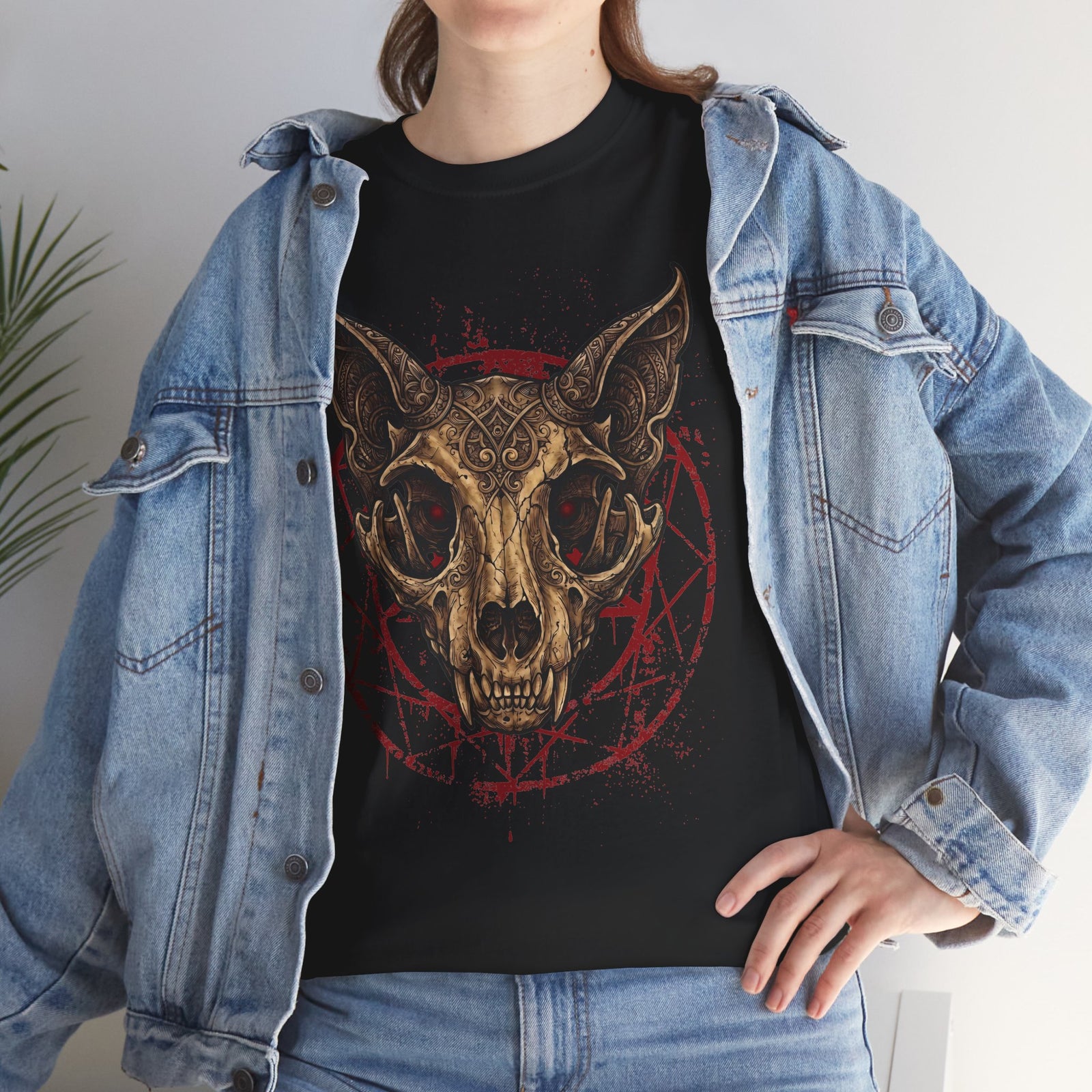 Gothic Ornate Cat Skull Red Pentagram Shirt — Dark Occult Feline T-Shirt