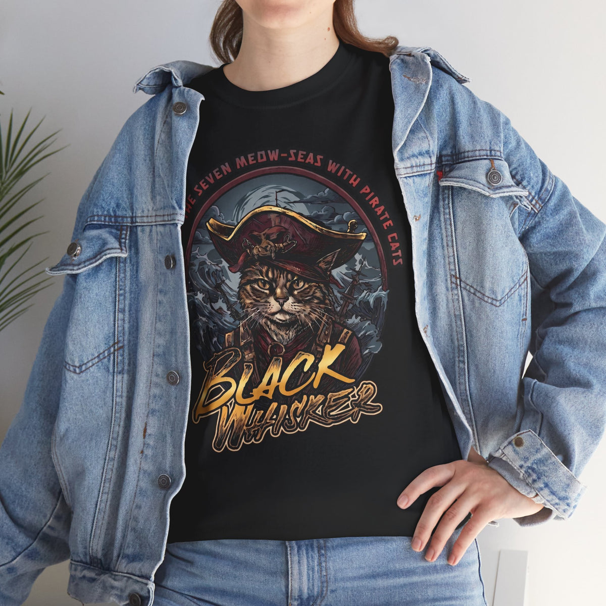 Black Whisker Pirate Cat T-Shirt — Funny Nautical Seven Meow-Seas Tee