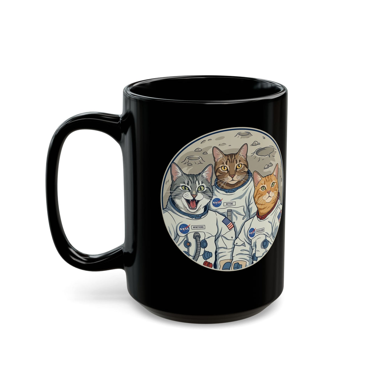 Sci‑Fi Astro Cat Black Mug — Space Cat Graphic Mug