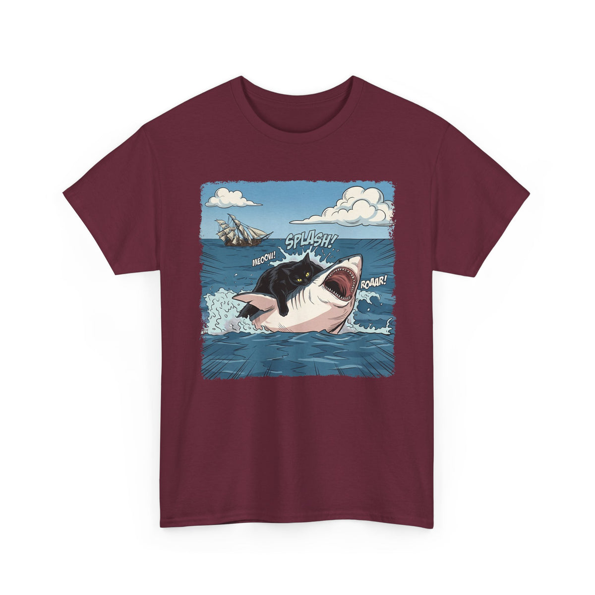 Black Cat Vs White Shark T-Shirt — Funny Comic Book Ocean Battle Tee