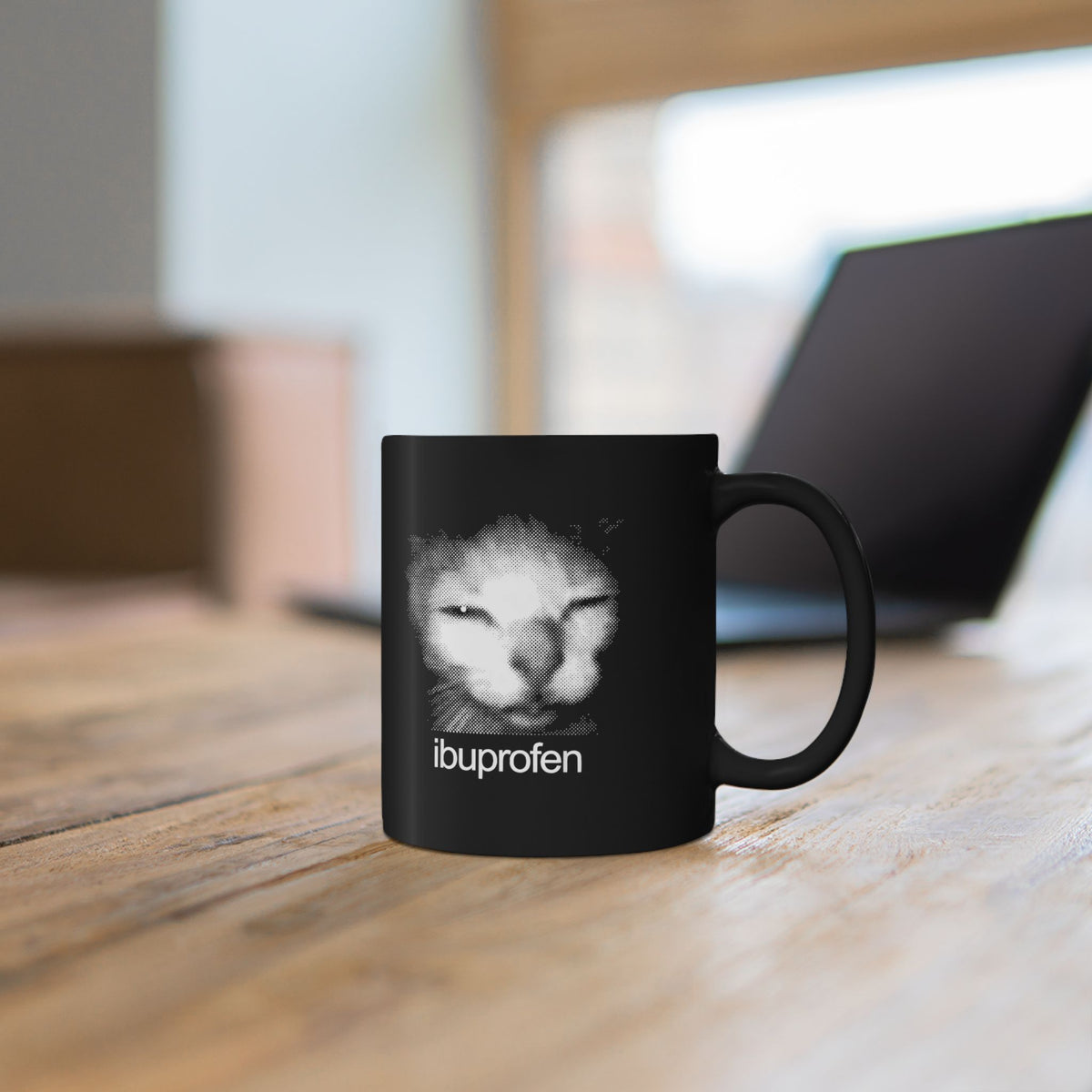 Funny Cat Meme Ibuprofen Black Mug Humorous Pain Relief Graphic Mug