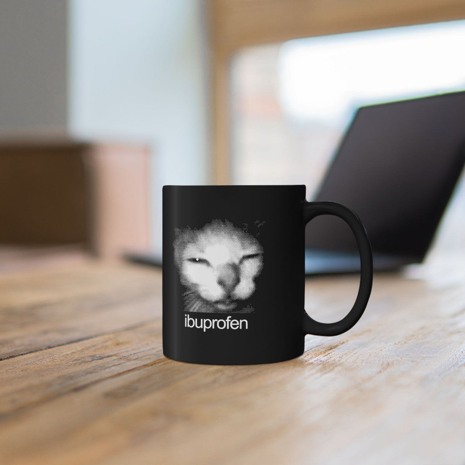 Funny Cat Meme Ibuprofen Black Mug Humorous Pain Relief Graphic Mug