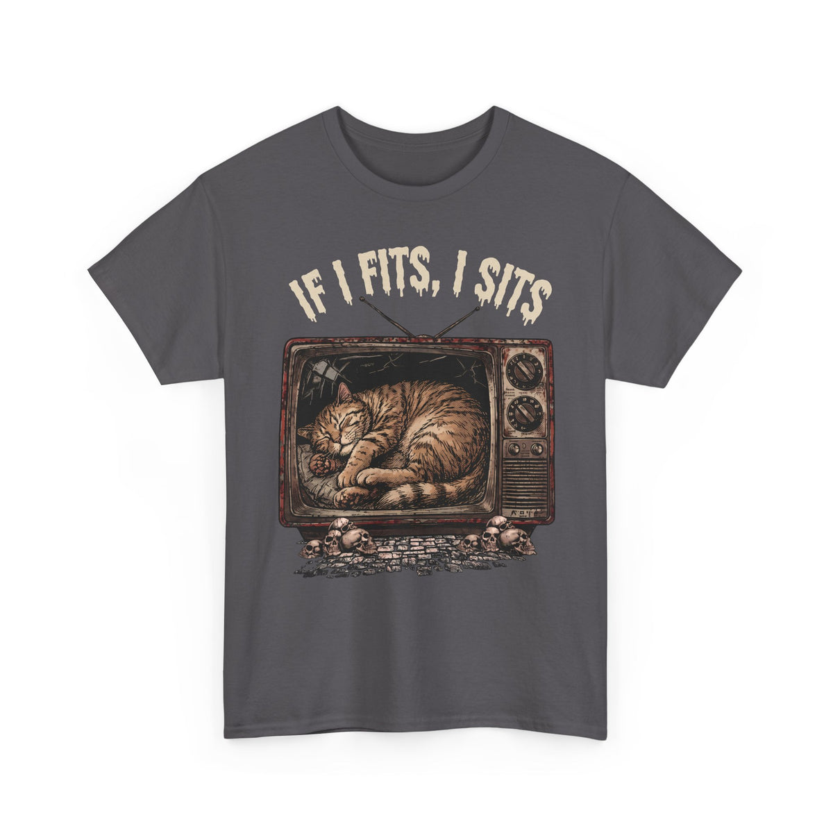If I Fits I Sits Vintage TV Tabby Cat Shirt — Macabre Horror Meme T-Shirt