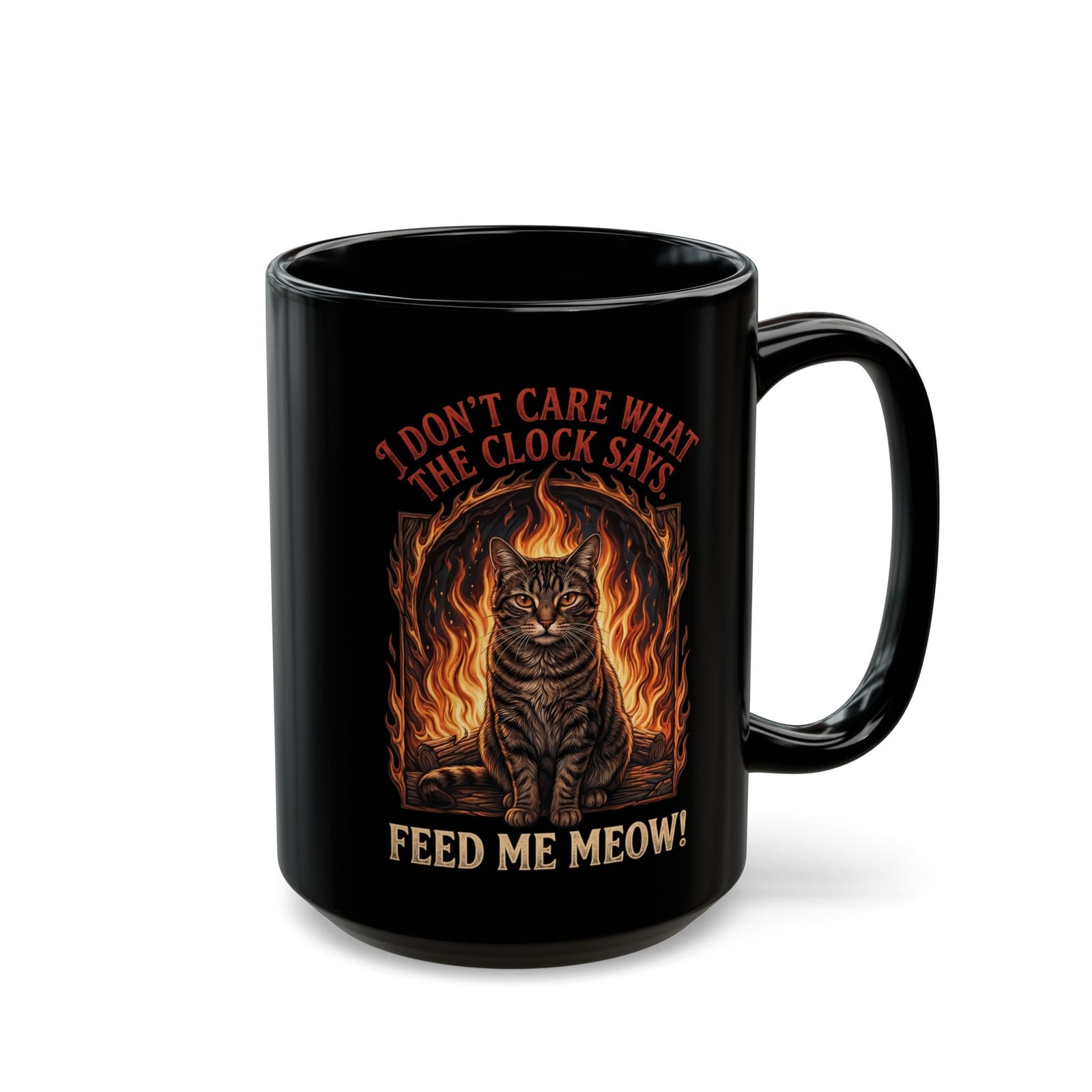 Feed Me Meow Black Mug — Funny Hungry Tabby Cat Fiery Graphic Mug