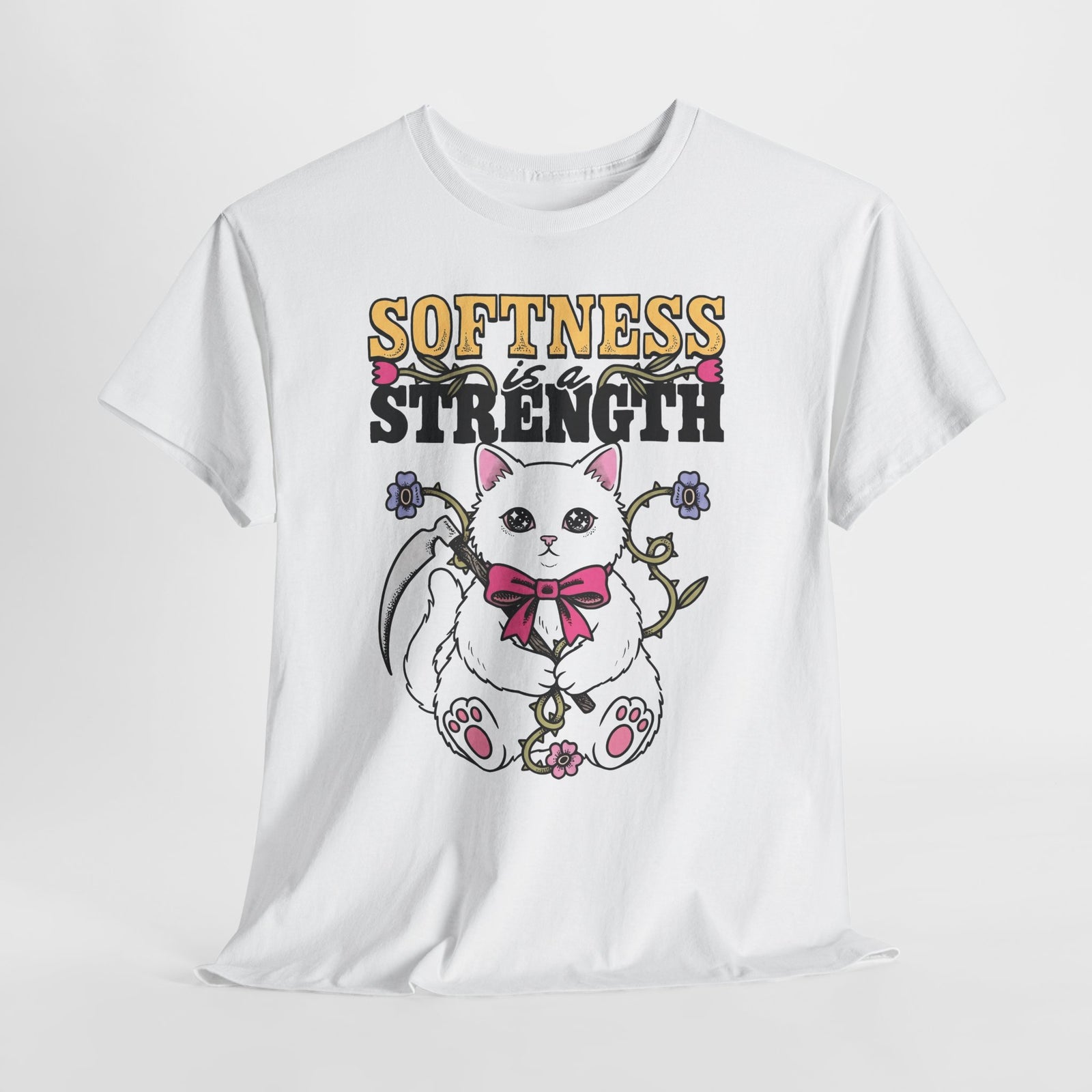 Softness Is A Strength T-Shirt — Funny Cute White Kitten Scythe Graphic Tee