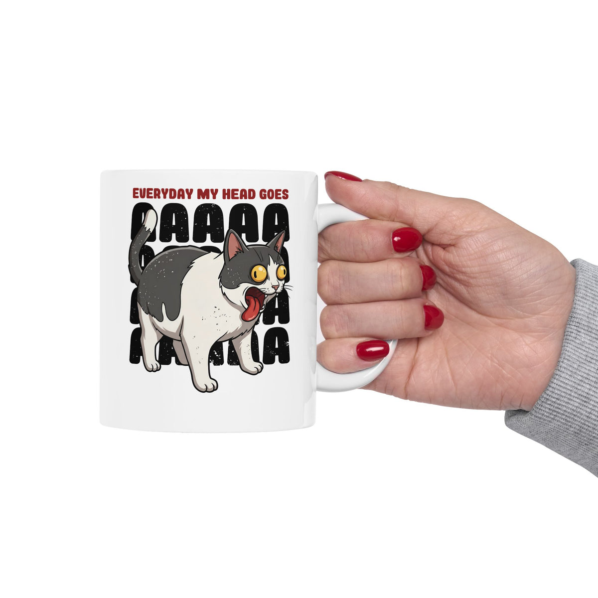 Everyday My Head Goes AAAAA Ceramic Mug — Funny Screaming Tuxedo Cat Mug