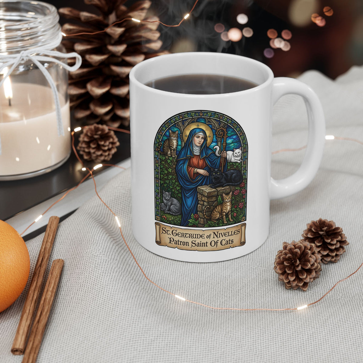 Saint Gertrude of Nivelles Cat Patron Ceramic Mug — Patron Saint of Cats Mug